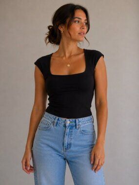 H&M Divided Black Cap Sleeve Square Neck Top Size M